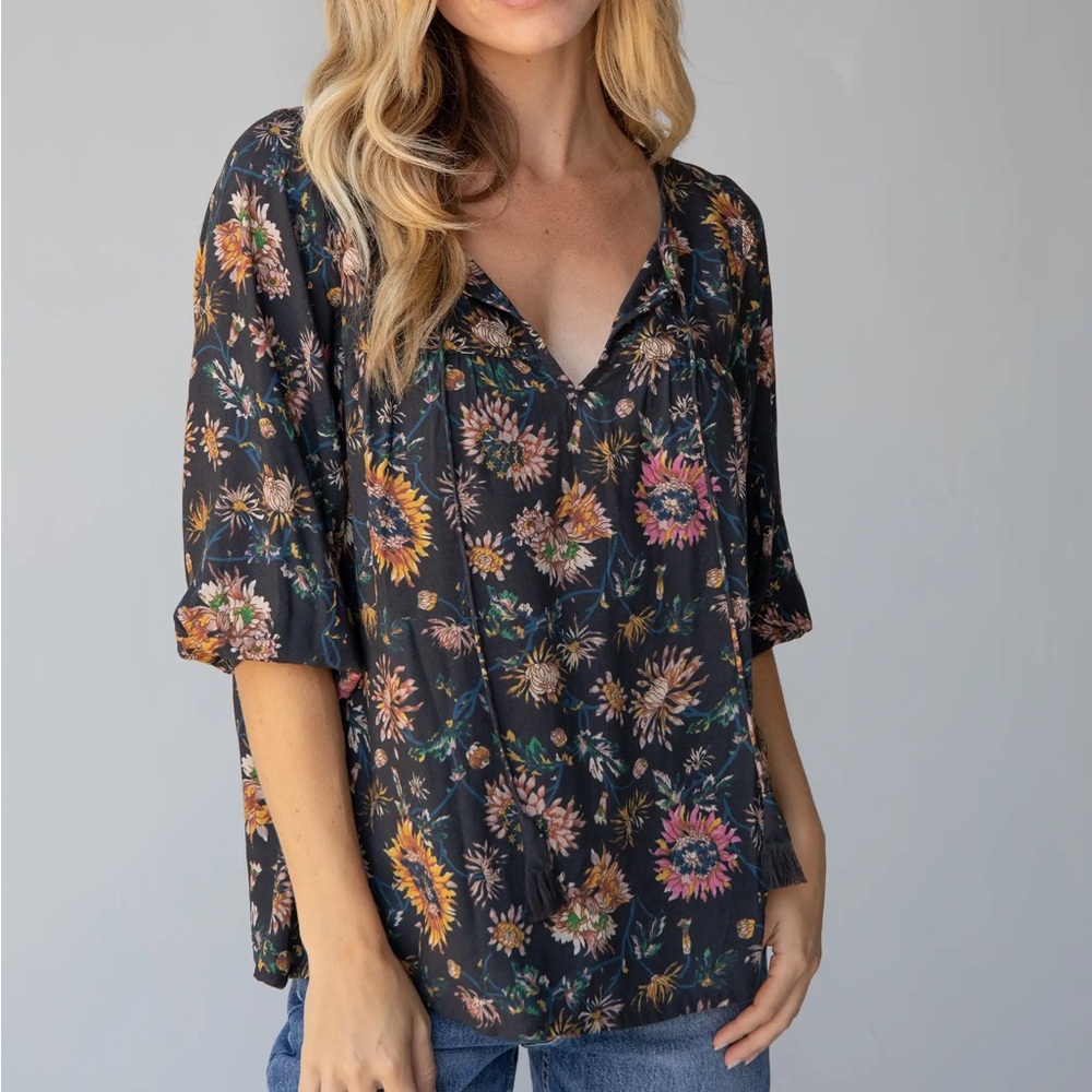 NATURAL LIFE Maribel Black Floral V-Neck Blouse with Pink & Yellow Blooms